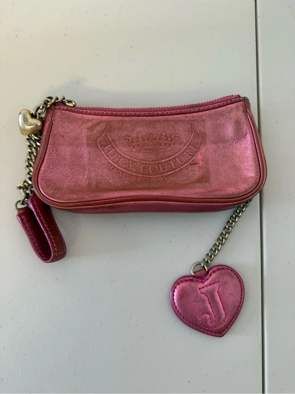Juicy Couture Y2K Pink Metallic Leather Wristlet Clutch Heart Mirror Charm